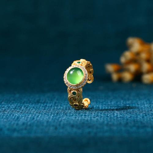 Brass Cuff Finger Ring, with Green Calcedony, gold color plated, vintage & for woman & with rhinestone, US Ring 