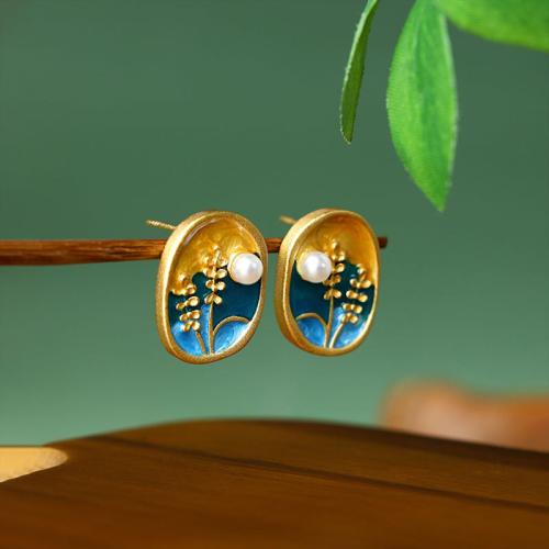 Zinc Alloy Stud Earring, with Plastic Pearl, gold color plated, vintage & for woman & enamel 