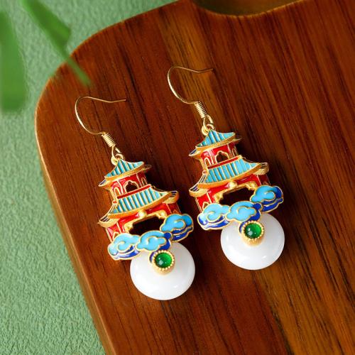 Zinc Alloy Drop Earring, with Synthetic Jade, gold color plated, vintage & for woman & enamel 