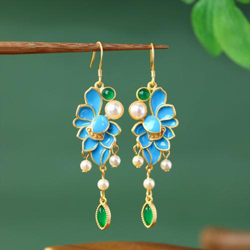 Zinc Alloy Drop Earring, with Synthetic Jade & Plastic Pearl, Flower, gold color plated, vintage & for woman & enamel 