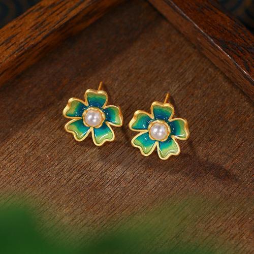 Zinc Alloy Stud Earring, with Shell Pearl, Flower, gold color plated, vintage & for woman & enamel 