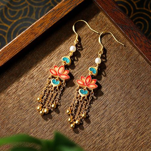 Zinc Alloy Tassel Earring, with Synthetic Jade, Lotus, gold color plated, vintage & for woman & enamel 