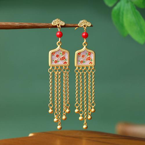 Zinc Alloy Tassel Earring, with Synthetic Jade, gold color plated, vintage & for woman & enamel 