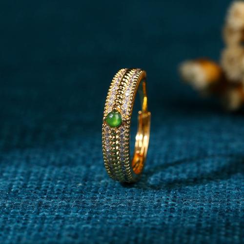 Brass Cuff Finger Ring, with Green Calcedony, gold color plated, vintage & for woman & with rhinestone, US Ring 