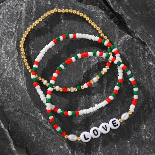 Glass Seed Beads Bracelets, Plastic, with Seedbead & Plastic Pearl, Christmas Design & for woman, mixed colors .5 cm 