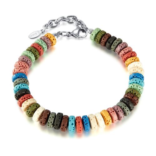 Lava Bead Bracelet, 304 Stainless Steel, with Lava, with 35mm extender chain, polished, fashion jewelry & Unisex, multi-colored mm [