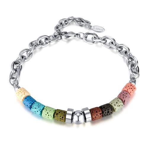 Lava Bead Bracelet, 304 Stainless Steel, with Lava, with 35mm extender chain, fashion jewelry & for man, multi-colored mm [