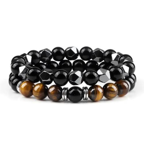 Gemstone Bracelets, Zinc Alloy, with Tiger Eye & Hematite, handmade, 2 pieces & for man 