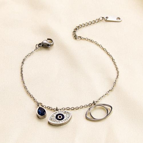 304 Stainless Steel Bracelet, Evil Eye, plated & for woman & with rhinestone [