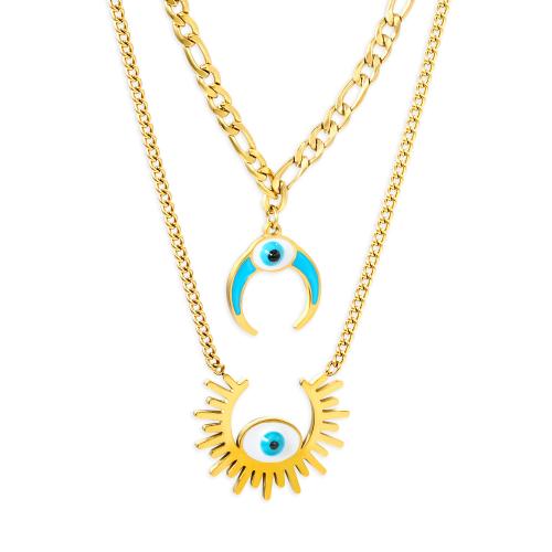 Evil Eye Jewelry Necklace, 304 Stainless Steel, Double Layer & for woman & enamel, golden 