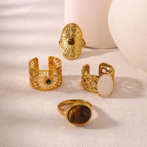 Piedras preciosas de acero inoxidable anillo de dedo, acero inoxidable 304, con Piedra natural & Ojo de tigre, chapado en color dorado, diferentes estilos para la opción & para mujer, más colores para la opción, Vendido por UD