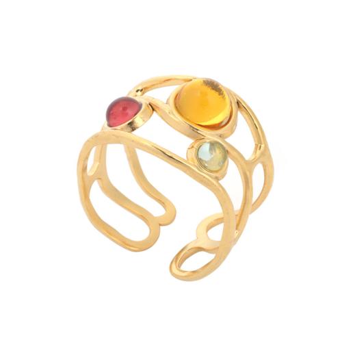 304 Stainless Steel Cuff Finger Ring, with Resin, gold color plated, for woman & hollow, US Ring .5 [