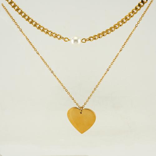 304 Stainless Steel Necklace, with Titanium Steel & Plastic Pearl, Heart, 18K gold plated, cross chain & Double Layer & for woman 