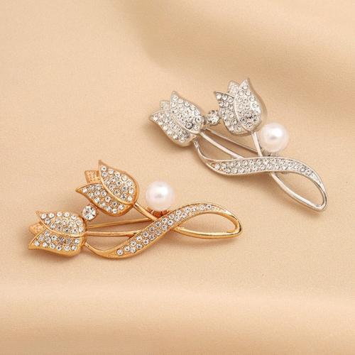 Plastic Pearl Brooch, Zinc Alloy, with Plastic Pearl, Tulip, plated, for woman & with rhinestone [