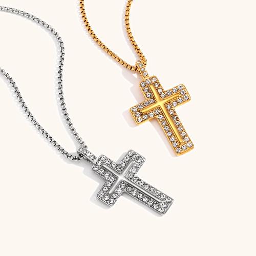 Stainless Steel Jewelry Necklace, 316L Stainless Steel, with 5cm extender chain, Cross, Vacuum Ion Plating, fashion jewelry & for woman & with rhinestone Approx 50 cm 