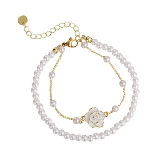 Plastic Pearl Bracelets, Zinc Alloy, with Plastic Pearl, plated, Double Layer & fashion jewelry & enamel, white cm [