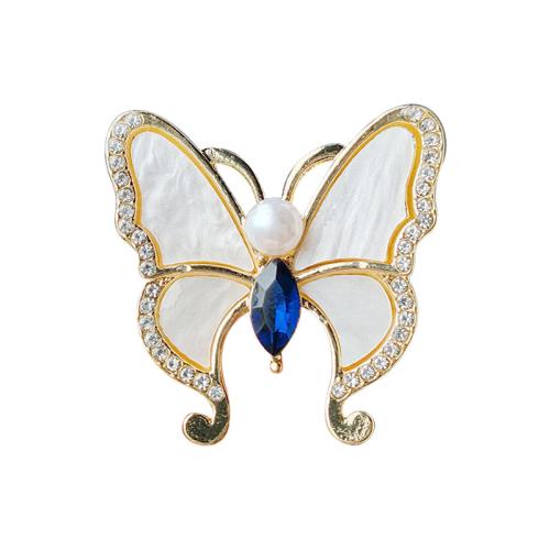 Shell Brooch, Zinc Alloy, with Shell & Plastic Pearl, Butterfly, plated, fashion jewelry & with rhinestone 