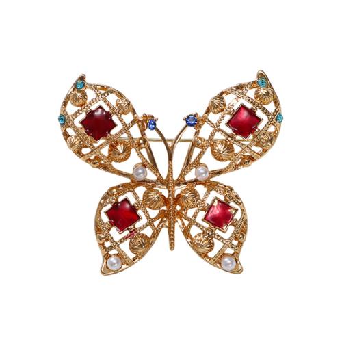 Rhinestone Zinc Alloy Brooch, with Plastic Pearl, Butterfly, plated, for woman & with rhinestone, gold [