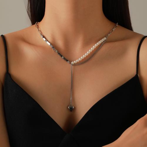 Collar de la aleación del cinc, aleación de zinc, con Perlas plásticas, chapado, para mujer, plateado, longitud:aproximado 41-50 cm, Vendido por UD[