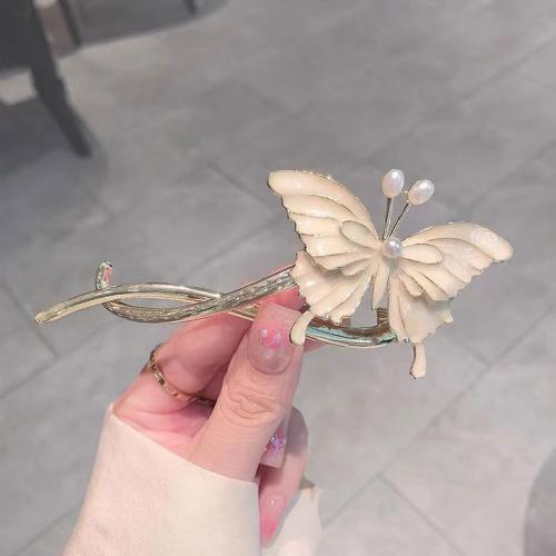 Hair Clip, Zinc Alloy, with Plastic Pearl, Butterfly, plated, for woman & enamel, gold [