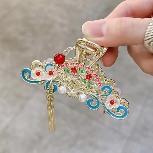 Hair Claw Clips, Zinc Alloy, with Plastic Pearl & Acrylic, plated, for woman & enamel & with rhinestone, gold, 80mm 