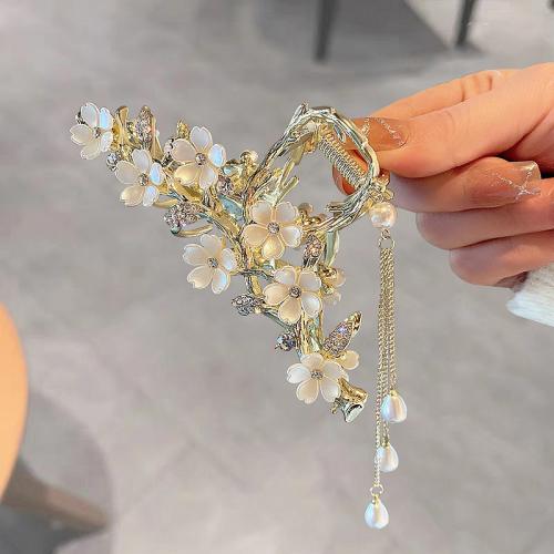 Hair Claw Clips, Zinc Alloy, with Plastic & Plastic Pearl, plated, for woman & with rhinestone, gold 