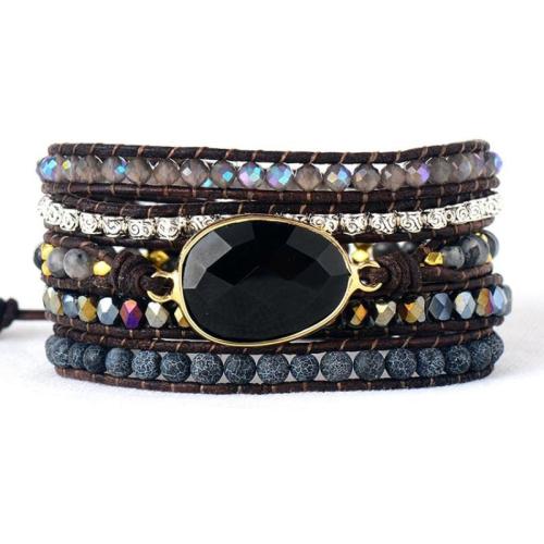 Gemstone Bracelets, Natural Stone, with leather cord, fashion jewelry & multilayer & for woman Approx 18 cm [