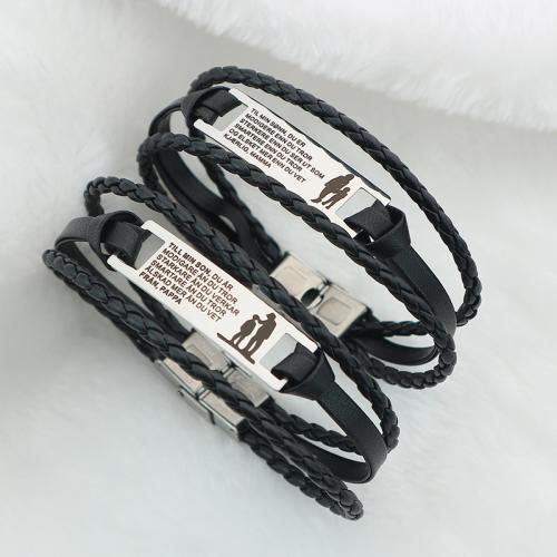 PU Leather Cord Bracelets, Titanium Steel, with leather cord, three layers & fashion jewelry & Unisex Approx 22 cm [