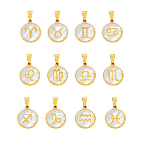 Titanium Steel Pendants, with White Shell, Round, 18K gold plated, Zodiac symbols jewelry golden [