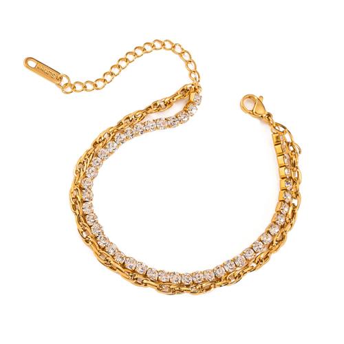 Pulseras de latón, acero inoxidable 304, con 5cm extender cadena, Recubrimiento iónico al vacío, Doble capa & para mujer & con diamantes de imitación, dorado, longitud:aproximado 16.5 cm, Vendido por UD[