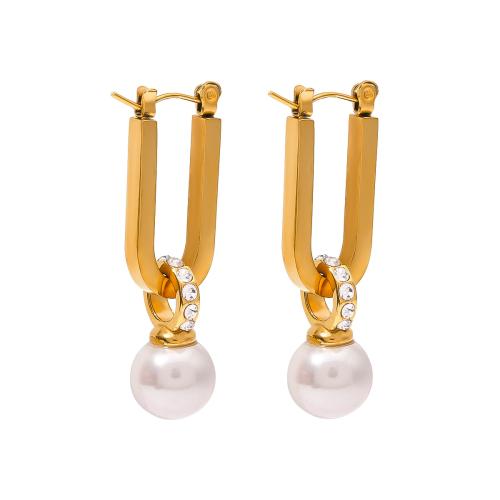 pendiente colgante de acero inoxidable, acero inoxidable 304, con Perlas plásticas, 18K chapado en oro, Joyería & micro arcilla de zirconia cúbica & para mujer, dorado, 38.6x10.7mm, Vendido por Par[