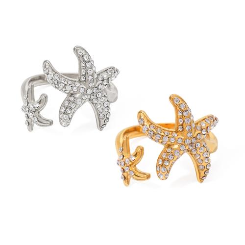 Rhinestone Stainless Steel Finger Ring, 304 Stainless Steel, Starfish, Vacuum Ion Plating, fashion jewelry & for woman & with rhinestone [