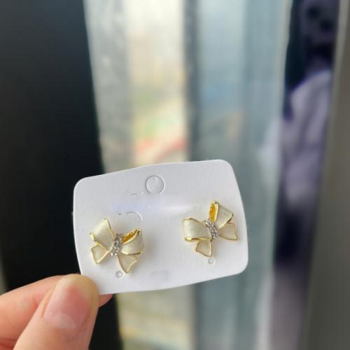 Enamel Zinc Alloy Stud Earring, Bowknot, gold color plated, fashion jewelry & micro pave cubic zirconia, white 