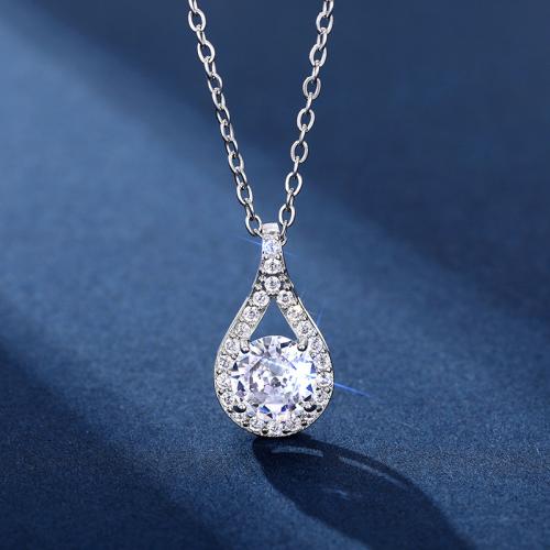 Brass Necklace, Teardrop, platinum plated, oval chain & micro pave cubic zirconia & for woman Approx 15.7 Inch [