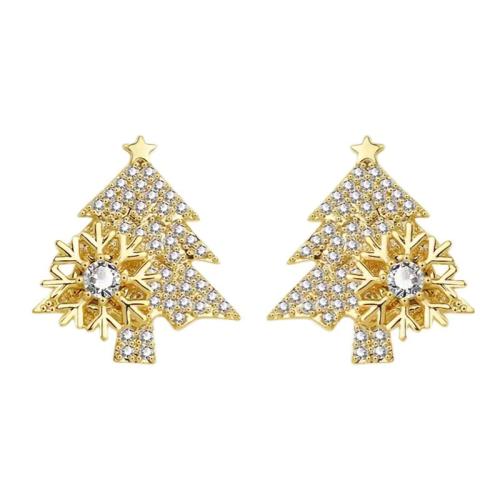 Brass Stud Earring, Christmas Tree, plated, Christmas jewelry & micro pave cubic zirconia & for woman [