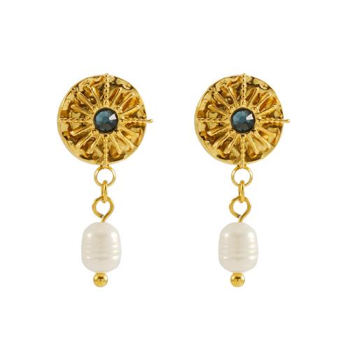 Stainless Steel Drop Earring, 304 Stainless Steel, with Plastic Pearl, 18K gold plated, fashion jewelry & for woman & with rhinestone, golden [