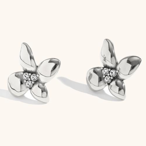 Stainless Steel Rhinestone Stud Earring, 316L Stainless Steel, Flower, Vacuum Ion Plating, fashion jewelry & for woman & with rhinestone [