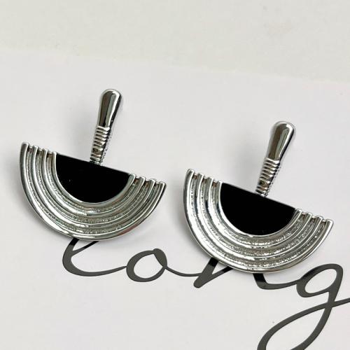 Zinc Alloy Stud Earring, with Black Agate, fashion jewelry & for woman, silver color, 26mm 