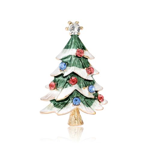 Broche de bijoux de Noël, alliage de zinc, arbre de noël, Placage de couleur d'or, Conception de Noël & pour femme & émail & avec strass, vert Vendu par PC[