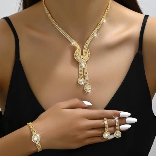 Brass Jewelry Set, bracelet & earring & necklace, plated, for bridal & with rhinestone [