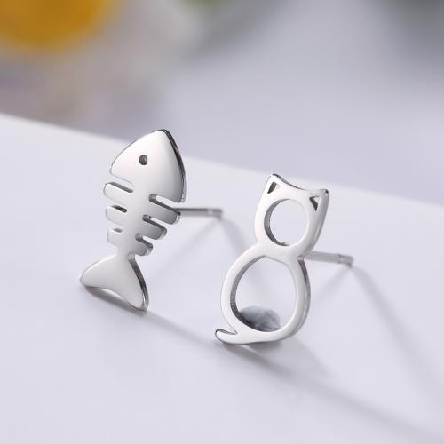 Asymmetric Earrings, 304 Stainless Steel, Cat and Fish, plated, fashion jewelry [