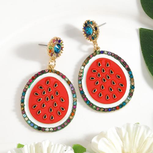 Enamel Zinc Alloy Drop Earring, Watermelon, gold color plated, for woman & with rhinestone, red 