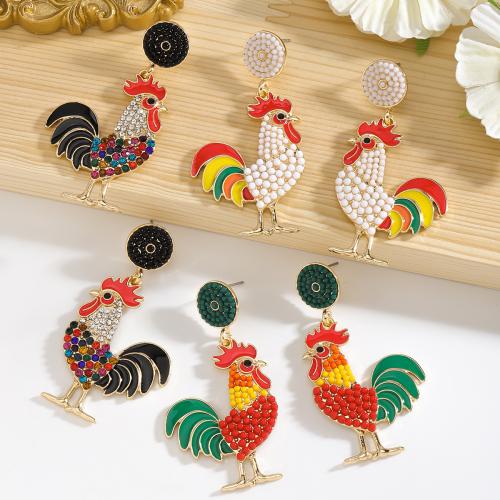 Enamel Zinc Alloy Drop Earring, Cock, gold color plated, for woman & with rhinestone 