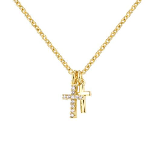 Cubic Zircon Micro Pave Brass Necklace, Cross, plated, micro pave cubic zirconia & for woman, gold 