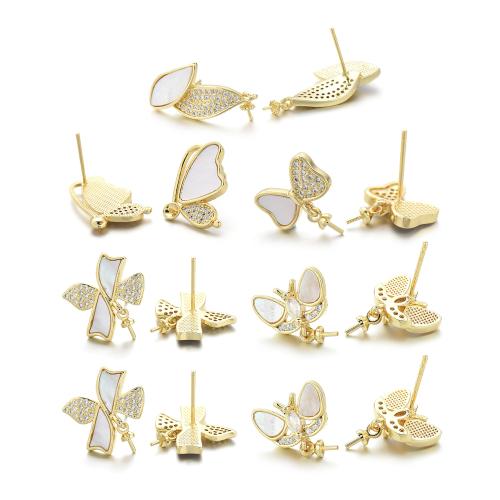 Brass Earring Stud Component, with Shell, plated, DIY & micro pave cubic zirconia, gold [