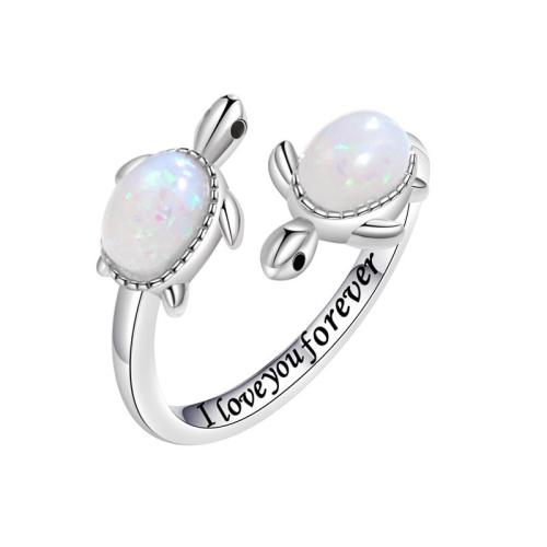 Gemstone Brass Finger Ring, with White Opal, plated, for woman, platinum color [