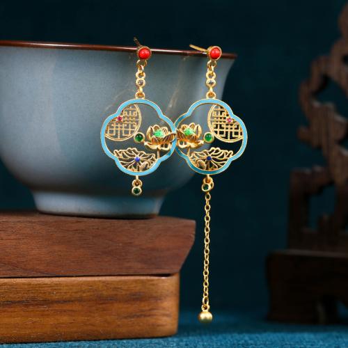 Zinc Alloy Asymmetric Earrings, with Synthetic Jade, gold color plated, for woman & enamel & hollow [