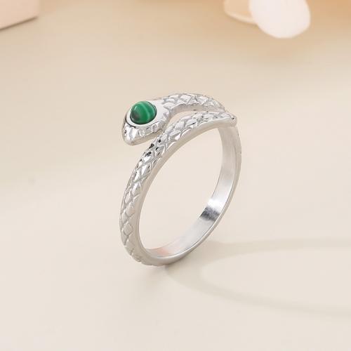 Gemstone Stainless Steel Finger Ring, 304 Stainless Steel, with Malachite, fashion jewelry & for woman, original color [