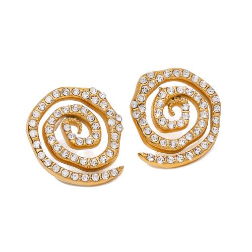 clou d'oreille en acier inoxydable avec stras, Acier inoxydable 304, Plaqué or 18K, bijoux de mode & pour femme & avec strass, doré Vendu par paire[