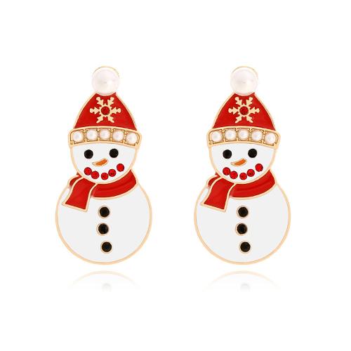 Pendientes de Navidad, aleación de zinc, con Perlas plásticas, Hombre de Nieve, chapado en color dorado, Diseño de Navidad & Joyería & para mujer & esmalte, 15x32mm, Vendido por Par